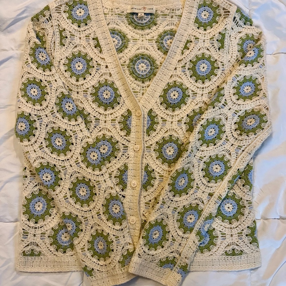 Elegant Crochet Cardigan in Cream, Blue, and Green